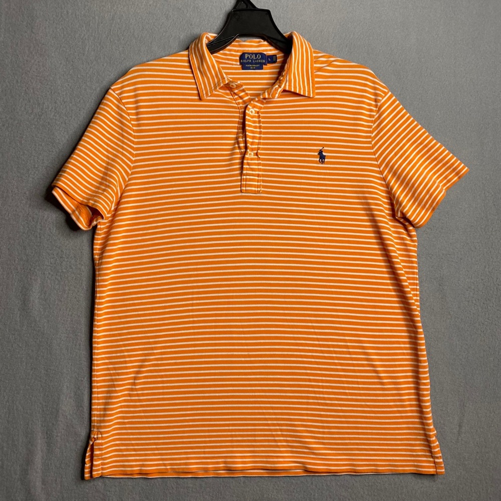 Polo Ralph Lauren Mens Orange White Striped Featherweight Mesh Polo Shirt Size L - Picture 2 of 10